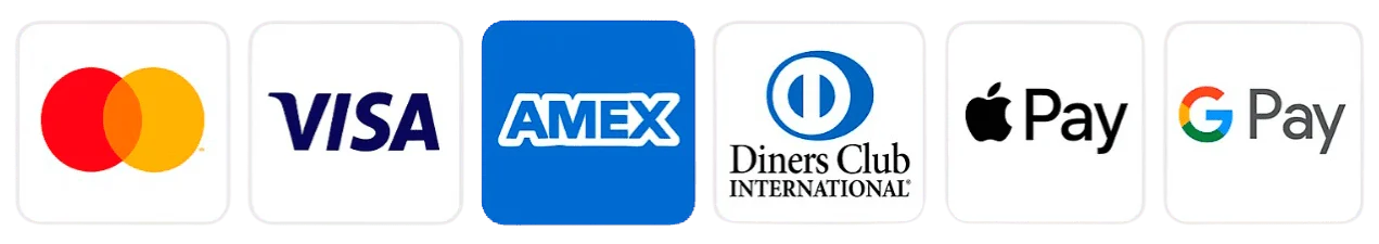 Secure payment methods including Visa, MasterCard, and online checkout options